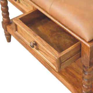 Sunvega Amber Oak Leather Spindle Bench with 2 Drawers and 1 Shelf for Entryway