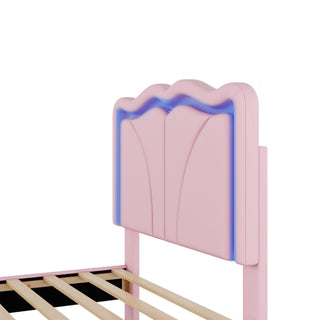 Sunvega Pink Twin Size Upholstered Bed with Height-Adjustable Headboard and LED Light Strips