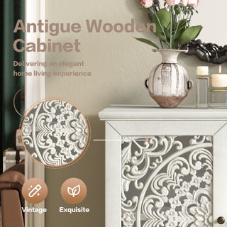 Sunvega Antique Green Buffet Cabinet with Floral Carvings and Solid Wood Legs for Living Room