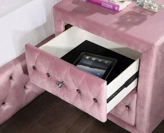 Sunvega Transitional Gray Upholstered Nightstand with Glass Top and Crystal Knobs