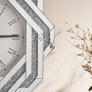 Sunvega Large Silver Mirror Wall Clock with Roman Numerals and Beveled Frame
