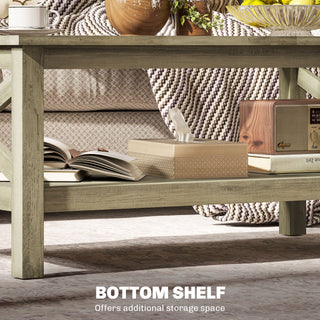 Sunvega Modern Farmhouse Coffee Table with Tempered Glass Top and Storage Shelf