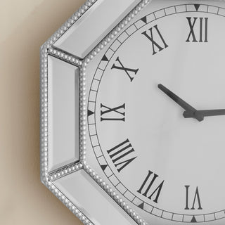 Sunvega Luxury Mirrored Wall Clock with Silver Beaded Octagonal Glass Trim