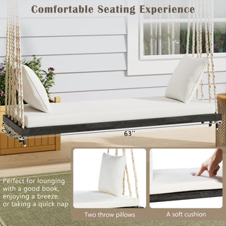Sunvega Patio Wooden Swing Chair with Cushion and Pillows, Hanging Porch Bench for Garden and Backyard