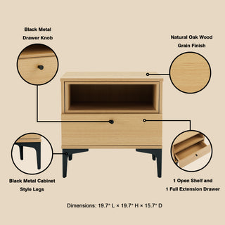 Sunvega Modern Light Oak Nightstand with Drawer and Shelf for Bedroom