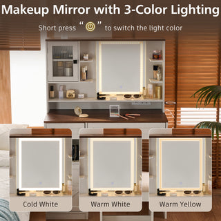Sunvega Farmhouse Makeup Vanity Desk with Mirror Lights and Charging Station