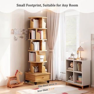 Sunvega 360° Rotating Bookshelf with Wheels and Drawer for Space-Saving Storage