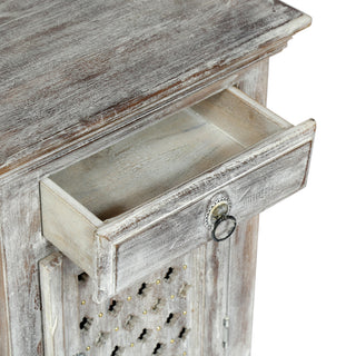 Sunvega Handcrafted Mango Wood Nightstand with Washed Finish Drawer and Cabinet