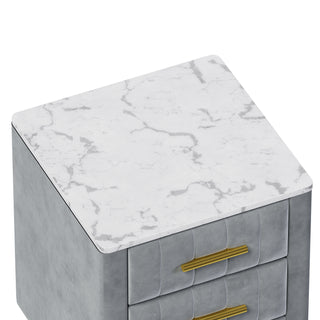 Sunvega Upholstered Velvet Nightstand with Marbling Worktop and 3 Spacious Drawers