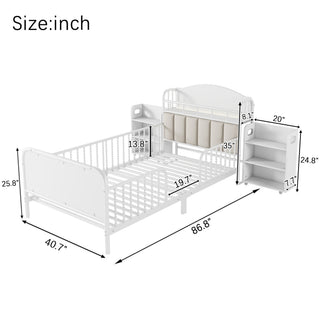 Sunvega Kids Full Metal Bed with Upholstered Headboard LED Lights and Storage