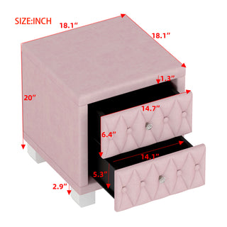 Sunvega Pink Velvet Nightstand with Crystal Knob Handles and Two Spacious Drawers