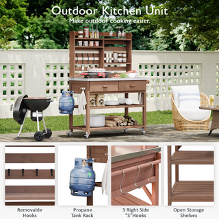 Sunvega Fir Wood Outdoor Potting Bench with Stainless Steel Top and Lockable Wheels