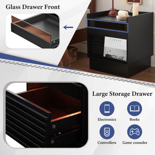 Sunvega Modern Brown Nightstand with Charging Station, Smart LED Lights, and Two Drawers