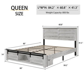 Sunvega Queen Bed Frame with Upholstered Headboard and LED Lighting Charging Station