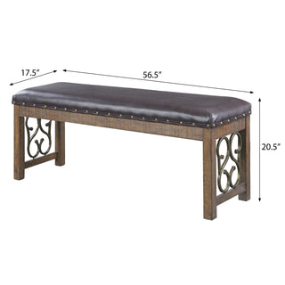 Sunvega Black Faux Leather Upholstered Weathered Cherry Dining Bench with Nailhead Trim