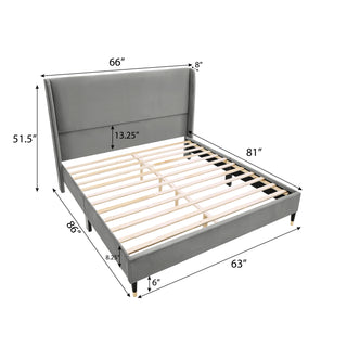 Sunvega King Beige Velvet Wingback Platform Bed with Low Profile Design