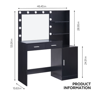 Sunvega Black 46.4 Inch Vanity Desk with Mirror Lights and Large Drawers