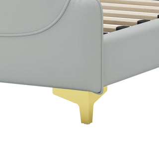 Sunvega Queen Size Leather Bed Frame with Wingback Headboard and Gold Metal Decor
