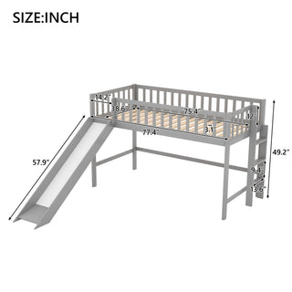 Sunvega Twin Size Low Loft Bed with Slide and Space Saving Ladder in Gray