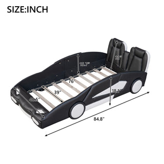 Sunvega Twin Size White Race Car Platform Bed with Wheels for Kids Bedroom
