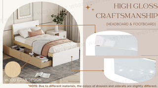 Sunvega Modern White High Gloss Twin Bed Frame with Light Oak Trundle for Space Saving
