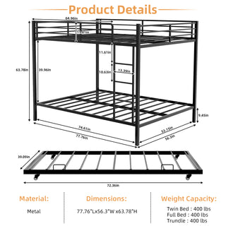 Sunvega Twin Over Full Metal Bunk Bed with Trundle for Space Saving and Safety
