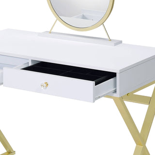 Sunvega White and Gold Vanity Desk with Mirror and Jewelry Storage Tray