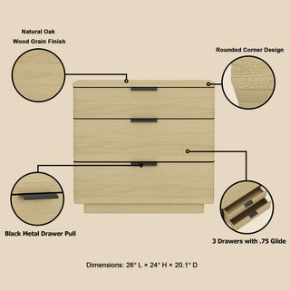 Sunvega Modern Oak Nightstand with 3 Drawers and Glam Metal Handles for Bedroom