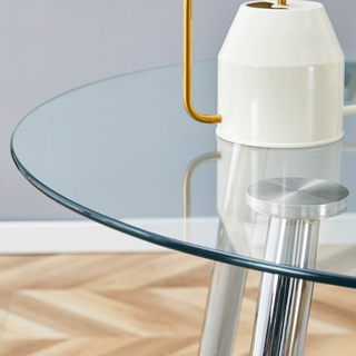 Sunvega Modern Round Dining Table with Silver Metal Legs and Clear Glass Top