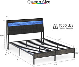 Sunvega Queen Bed Frame with Ergonomic Headboard RGB LED Lights and Charging Station