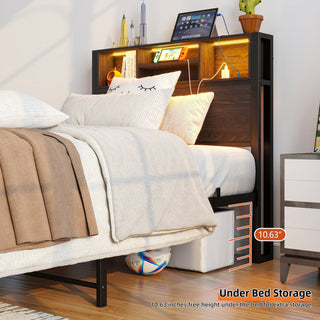Sunvega Twin Size Bed Frame with Storage Headboard, Charging Station, and Bookcase