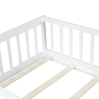 Sunvega Natural Rubber Wood Twin Size Floor Bed with Safety Guardrails and Door