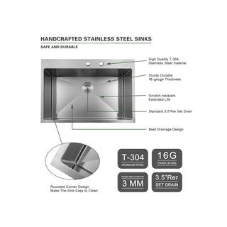 Sunvega 16 Gauge T304 Stainless Steel Undermount Kitchen Sink with Drain Assembly
