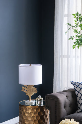 Sunvega Gold and White Leaf Design Table Lamp with Marble Base and Fabric Shade