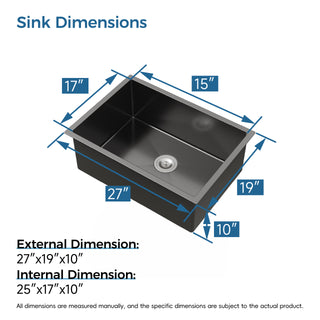 Sunvega 33x19 Inch Black Single Bowl Undermount Kitchen Sink with Drain Grooves