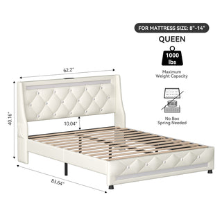 Sunvega Queen Size Bed Frame with Headboard LED Lights Charging Station Storage