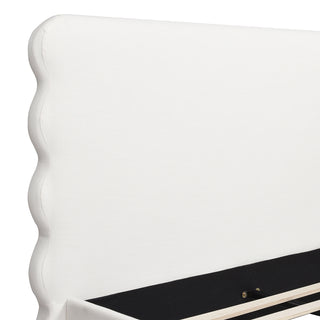 Sunvega Retro Modern Wavy Headboard Platform Bed with Upholstered Frame in Antique White