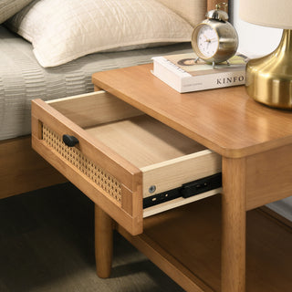 Sunvega Light Walnut Single-Drawer Nightstand with Shelf and Woven Pattern