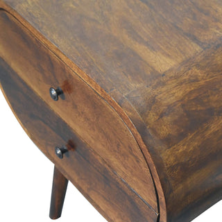 Sunvega Solid Mango Wood Chestnut Round Bedside Table with 2 Drawers and Nordic Legs