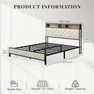 Sunvega Queen Size Bed Frame with Charging Station Storage Headboard and Footboard