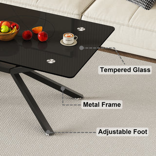 Sunvega Modern 39.37" Rectangular Clear Tempered Glass Coffee Table with Black Metal Legs