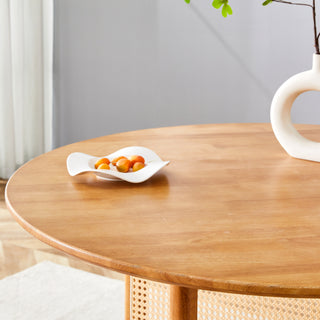 Sunvega Chinese Country Retro Walnut Solid Wood Round Table with Imitation Rattan Legs