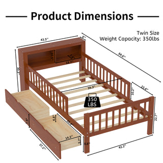 Sunvega Twin Size Bed with Headboard Storage, Two Under-Bed Drawers, and Three-Side Guardrails