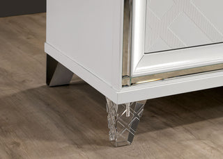 Sunvega White Finish Contemporary Style Chest with Acrylic Legs and Embossed Art Deco Pattern