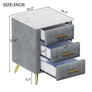 Sunvega Upholstered Velvet Nightstand with Marbling Worktop and 3 Spacious Drawers