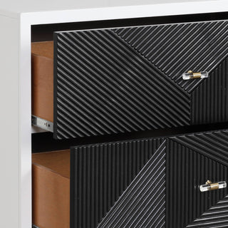 Sunvega White and Black Accent Nightstand with Two Patterned Drawers and Wooden Legs