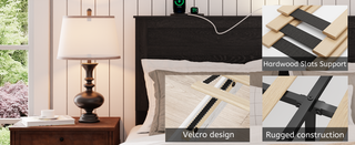 Sunvega Queen Bed Frame with Upholstered Headboard and LED Lighting Charging Station