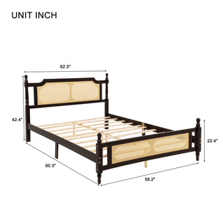 Sunvega Queen Pine Wooden Bed with Rattan Headboard and Footboard for Bedroom