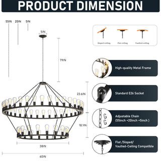 Sunvega 60 Inch Black 2 Tier 54-Light Farmhouse Industrial Wagon Wheel Chandelier