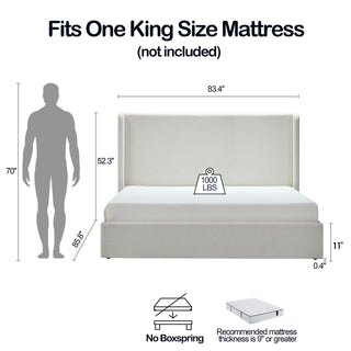Sunvega Minimalist Upholstered Wingback Bed Frame with 54 Inch Headboard in Textured Ivory Canvas Chenille